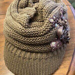 Brown Knit Hat with Ribbon Floral Embellishment